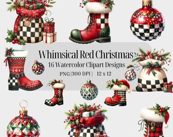 Red Christmas Clipart: Buffalo Plaid Holiday Graphics (Digital Download)