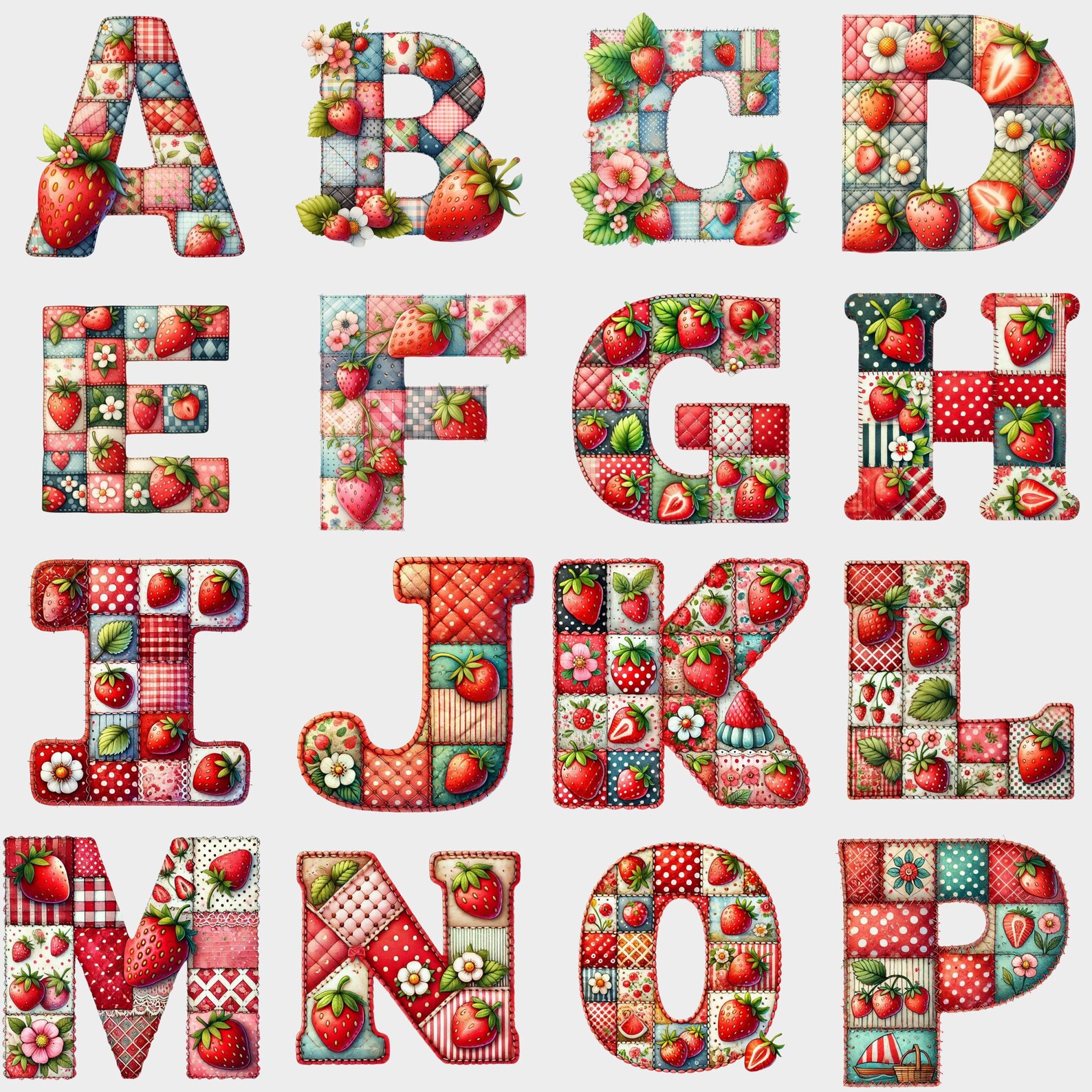 Strawberry Quilted Alphabet Clipart: Patchwork Letters & Numbers (PNG ...
