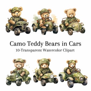Ensemble de cliparts aquarelle camo ours en peluche sur fond Transparent PNG pour VTT Ours en téléchargement numérique instantané pour travaux manuels et décoration de chambre d'enfant