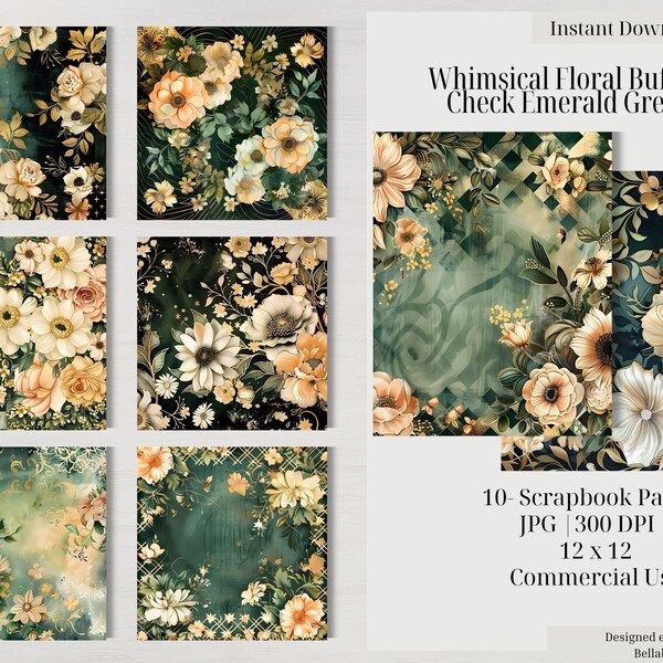 Whimsical Floral Buffalo Check Emerald Green Digital Paper Pack-Scrapbooking Mixed Media Paper Art