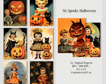 Vintage Halloween Card Illustrations: 1950s Spooky Ephemera (Digital Download)