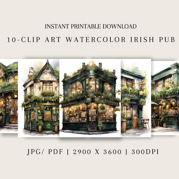 St. Patrick's Day Irish Pub Digital Download Watercolor Irish Pub Illustrations for Scrapbooking, Collage Paper, Craft Supply