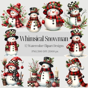 気まぐれなクリスマス雪だるまクリップアート バッファローチェック ホリデー デジタルペーパークラフト コラージュ ジャンクジャーナル スクラップブックペーパー PNG