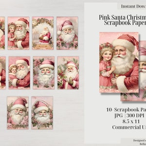 Père Noël rose vintage inspiré de pages prêtes à l'emploi en téléchargement numérique pour le scrapbooking, pages de journal indésirable, feuilles de collage techniques