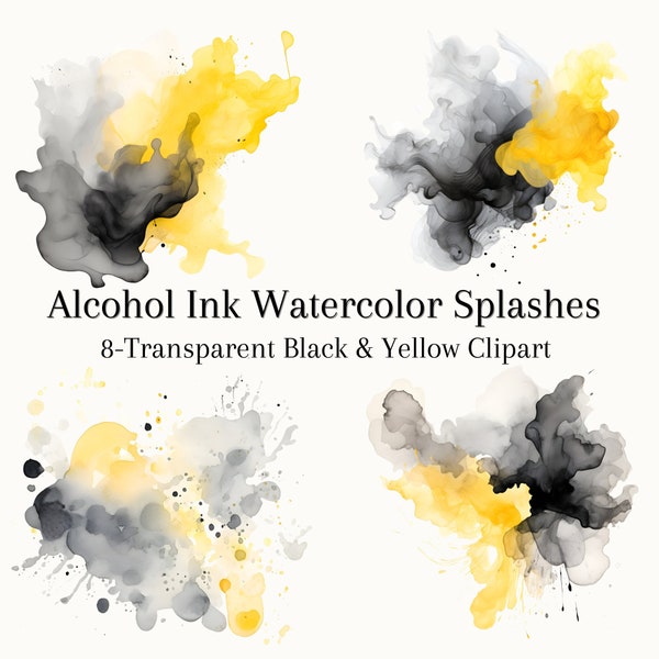 Alcohol Ink Watercolor Splashes PNG Transparent Background, Black Yellow and Gray Paint Splashes Digital Download Mixed Media Collage Art