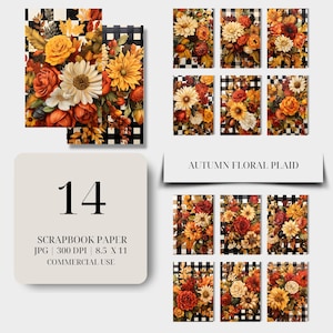 Pacote de papel digital xadrez floral de outono - fundo xadrez de outono para scrapbooking, projetos de artesanato, cartões faça você mesmo e decoração sazonal