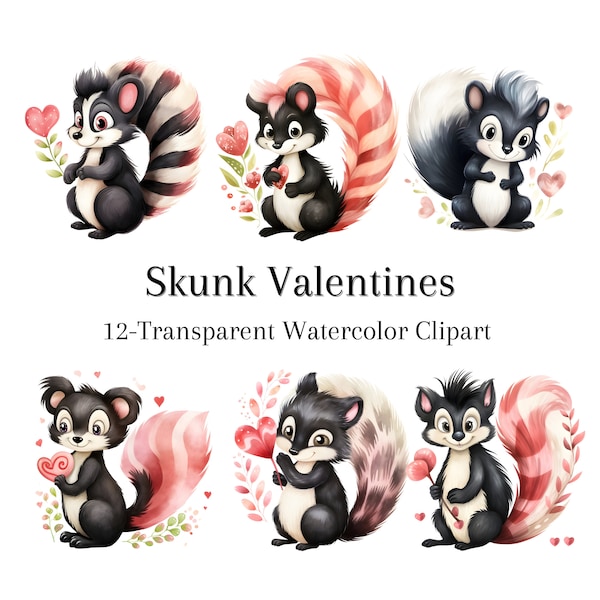 Skunk Valentines Day Clipart PNG Transparent Instant Digital Download Classroom Valentines Day cards for kids Crafts and Décor