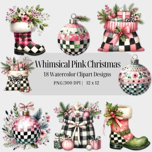 ピンクのクリスマス クリップアート、黒と白のバッファロー チェック柄、ピンクと緑のホリデー セット、デジタル スクラップブック ジャンク ジャーナル エレメント用