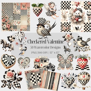 Pacote de cheques preto e branco Valentine PNG Fundo transparente, papéis de fundo para scrapbook Download digital Kit de diário de lixo Arte em papel