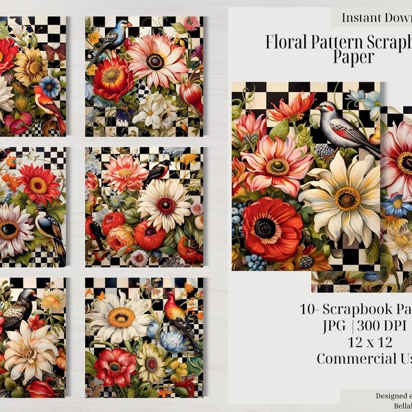 Scrapbook Paper Kitschy Whimsical Flowers & Birds Digital Download Junk Journal Floral Check Pattern Premade GrandmaCore Mixed Media Collage