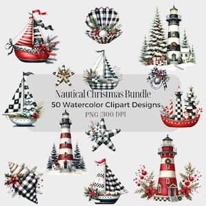 Bundle de Noël nautique - impressions de plage, décoration de Noël côtière Clipart PNG aquarelle phare, voiliers, coquillages pour les artisans