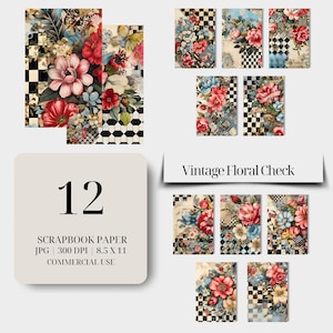 Floral Karomuster Scrapbook Printable Sofortiger digitaler Download Papier für Mixed Media Collage Decoupage Papier-Kunst-Versorgung