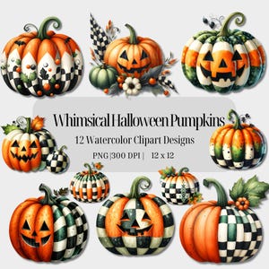 水彩ハロウィーンカボチャチェック柄クリップアート気まぐれなハロウィーンカボチャPNG透明背景商用利用可