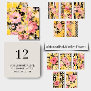 気まぐれなピンクと黄色の花柄チェック スクラップブック用紙 – 8.5 x 11 インチのヴィンテージ風デザイン。DIY クラフト、日記、デジタル スクラップブックに最適です。