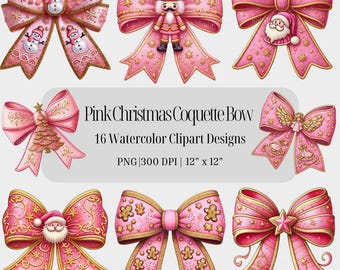 Pink Christmas Bow Clipart: Coquette PNG Graphics (Digital Download)