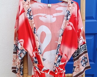 Kimono Boho, kimono lungo, kimono floreale rosso, kimono floreale con stampa pellicano, tunica, veste Kimono, abito da spiaggia, abiti bohémien