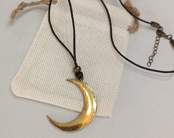 Bronze moon necklace, leather necklace, crescent moon pendant, hippie necklace, boho jewelry