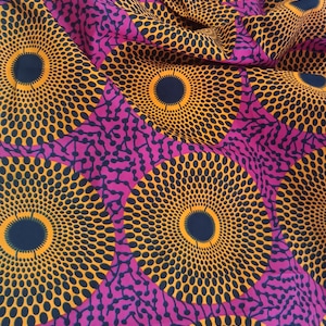 Wax fabric, African wax fabric, fuchsia orange circles, 100% cotton Ankara fabric, African fabric by the yard, African Wax fabric