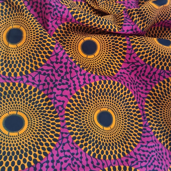 Tela de cera, tela wax africana, fucsia naranja círculos, Tela de Ankara 100% algodón, tela africana cortada a medida, african Wax fabric