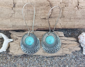 Ethnic earrings, silver plated earrings with turquoise stone, hippie earrings, boho jewelry, Silver plated earrings Bohemia earrings