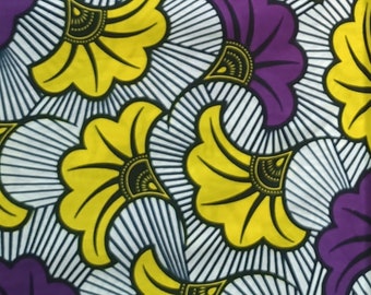 Wax Fabric, African Wax Fabric, Yellow Purple Wedding Flower Pattern, 100% Cotton Ankara Fabric, African Fabric by the Yard Wax Fabric