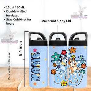 Kids Water Bottle, 16oz Insulated Tumbler, Customized Kids Cup, Blue Dog Tumbler, School Tumbler, Cute Tumbler, Cartoon Dog Water Bottle