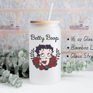 Betty Boop Frosted Glass Can: Vintage Cartoon Cup with Bamboo Lid
