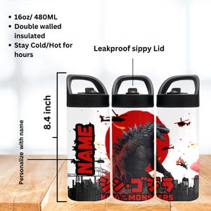 May include: Three 16 ounce stainless steel water bottles with a Godzilla King of the Monsters design. The bottles are double-walled and insulated to keep drinks cold or hot for hours. Each bottle has a leakproof sippy lid and a black handle.