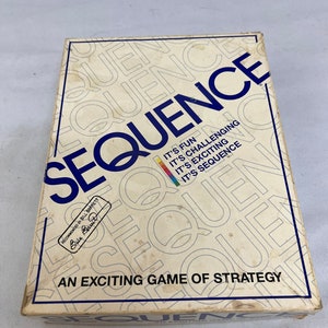 May include: A vintage "Sequence" board game box. The box is off-white with the word "SEQUENCE" in large, dark blue letters. Additional text includes "IT'S FUN, IT'S CHALLENGING, IT'S EXCITING, IT'S SEQUENCE" and "AN EXCITING GAME OF STRATEGY."