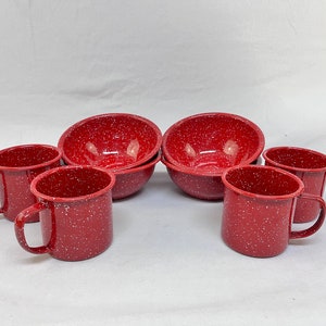 Vintage Red Speckled Enamelware Cups and Bowls