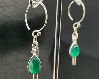 Sterling Silver Green Onyx Earrings: Dangle Charm Hoops