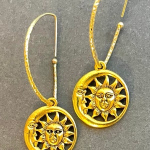 Sun and Moon Brass Earrings Sun and Moon Earrings Hammered Semi hoop