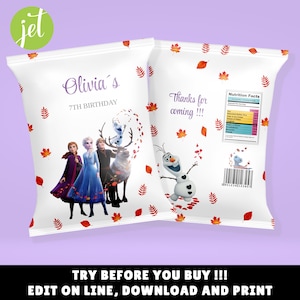 Editable Frozen Chip Bag Wrapper Label Elsa Anna Olaf Kristoff Sven  Ice Party theme Party Favor Bag, Printable Frozen Party Favor Bag, BD02