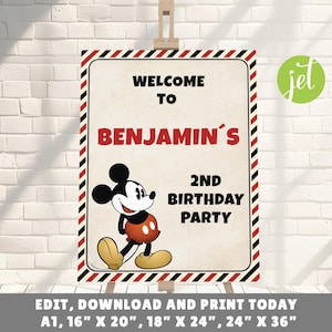 Mickey Mouse Printable Welcome Sign, Birthday Banner, Party Sign, Editable Template, Multiple Sizes,  P02