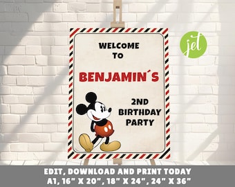 Mickey Mouse Cartel de Bienvenidos, Plantilla Editable, Banner Imprimible, Cartel de Feliz Cumpleaños, P02