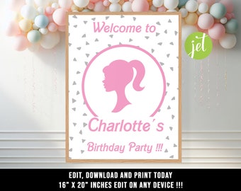 Editable Pink Doll Welcome Sign | Fashion Doll Party Decor | Birthday Sign | Yard Sign | Personalized Printable Poster | BD01