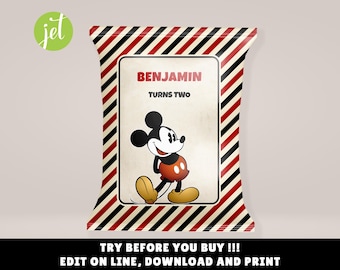 Mickey Mouse Chip Bag Editable Template, Digital File, Mickey Retro Vintage P02