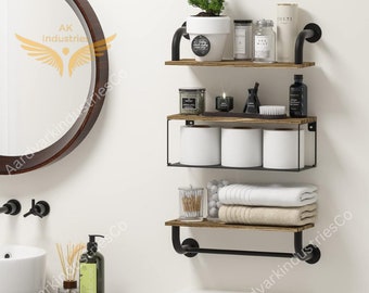 Floating Shelves Wall Mounted | Wooden Industrial Pipe Shelves With Towel Bar | Bathroom Shelf | Wall Shelves