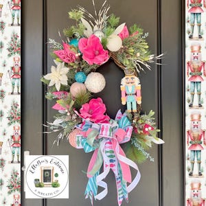 May include: A festive Christmas wreath with a wooden base, adorned with pink magnolia flowers, white and blue ornaments, and a colorful bow. A wooden nutcracker figure is attached to the wreath. The wreath is decorated with greenery and pinecones.