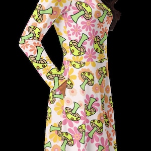 1970s Style Retro Mushroom All-over Print Long Sleeve Midi Dress