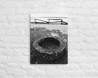 Rustic Wishing Well 1 Black and White Canvas Print, Primitive Wishing Well, Country Wall Print, Colonial Wall Print, Primitive Art Print
