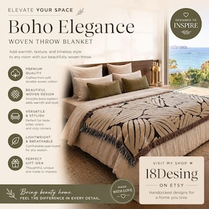Puede incluir: Una manta tejida con un patrón de hojas en marrón oscuro y beige con bordes de flecos, colocada sobre una cama con almohadas beige. El texto incluye "ELEVATE YOUR SPACE", "Boho Elegance", "WOVEN THROW BLANKET", "DESIGNED TO INSPIRE" y "18Desing ON ETSY".