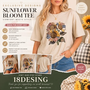 Patchwork Sunflower T-Shirt, Vintage Floral Graphic Tee, Cottagecore Shirt, Boho Wildflower Shirt, Cute Nature Gift for Women, Cozy Shirt