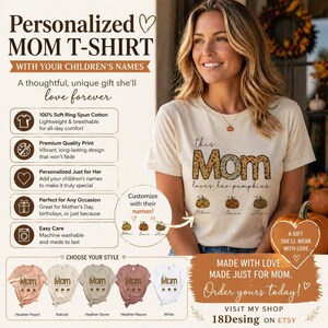 Personalized Mom T-Shirt with Kids Names, Custom Pumpkin Shirt Gift for Mom, Fall Family Shirt Cute Matching Outfit Trend Design mothers day
