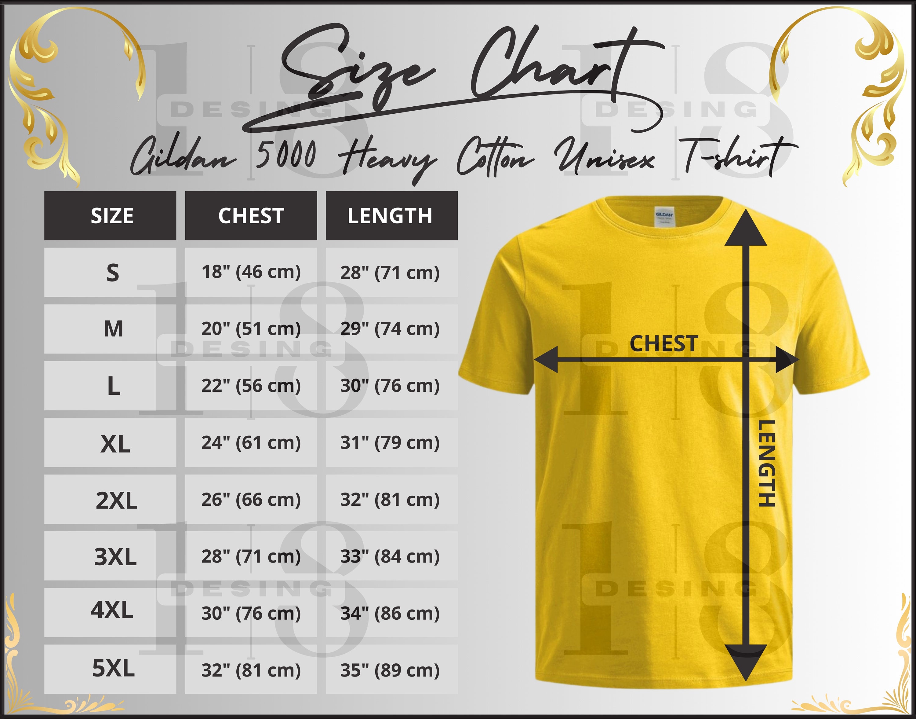 Size Chart Gildan 5000 Inch & Cm, Metric Size Guide, G5000 Size Table ...