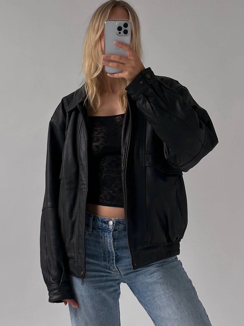 Women 90s Oversized Black Leather Jacket, Ladies Straightcut Jacket