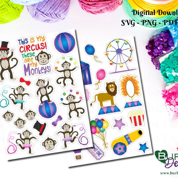 My Circus My Monkeys sticker sheet bundle funny for mom bright circus images, Print and cut stickers, digital stickers, SVG, PNG, DXF, pdf