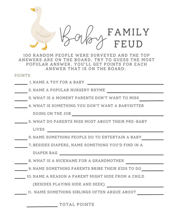 Silly Goose Almost Loose Baby Shower Theme Unique Family Feud Game