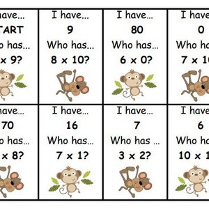 Juego de multiplicación que tengo Quién tiene números: 1, 2, 5, 10, 0, tablas de multiplicar, matemáticas de educación en casa, juegos de aprendizaje, operaciones matemáticas, matemáticas de tercer grado