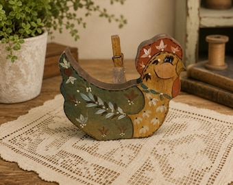 Vintage Wood Folk Art Rooster Chicken Recipe Card Holder Photo Clip Countrycore Cottagecore Grandmacore